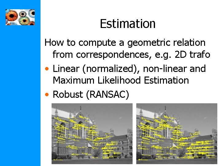 Estimation How to compute a geometric relation from correspondences, e. g. 2 D trafo Estimation How to compute a geometric relation from correspondences, e. g. 2 D trafo
