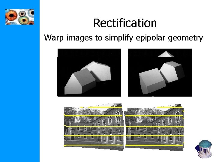 Rectification Warp images to simplify epipolar geometry Rectification Warp images to simplify epipolar geometry
