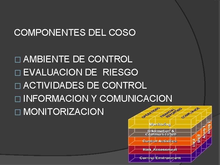 COMPONENTES DEL COSO � AMBIENTE DE CONTROL � EVALUACION DE RIESGO � ACTIVIDADES DE