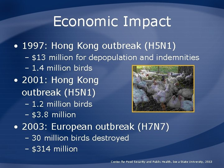 Economic Impact • 1997: Hong Kong outbreak (H 5 N 1) – $13 million
