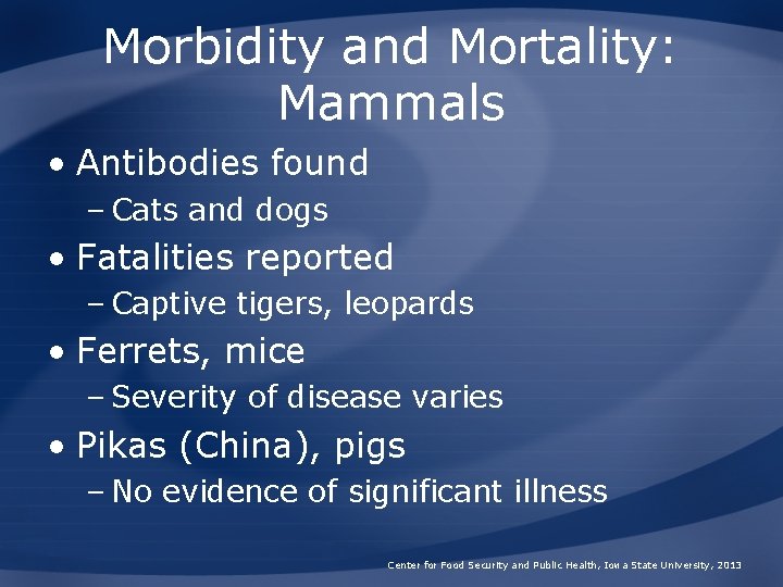 Morbidity and Mortality: Mammals • Antibodies found – Cats and dogs • Fatalities reported