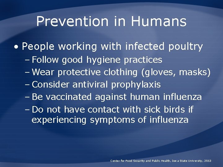 Prevention in Humans • People working with infected poultry – Follow good hygiene practices