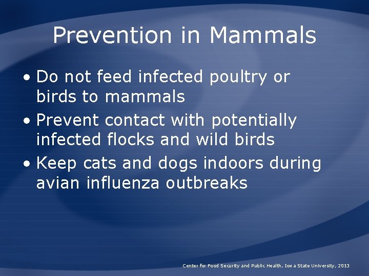 Prevention in Mammals • Do not feed infected poultry or birds to mammals •