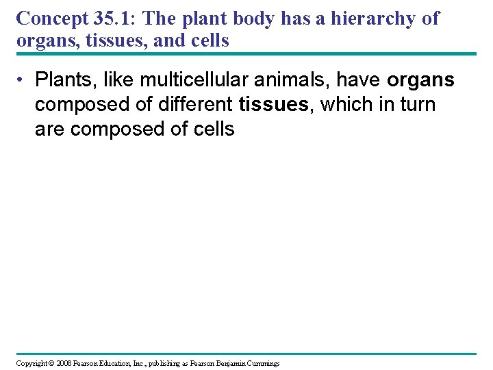 Concept 35. 1: The plant body has a hierarchy of organs, tissues, and cells