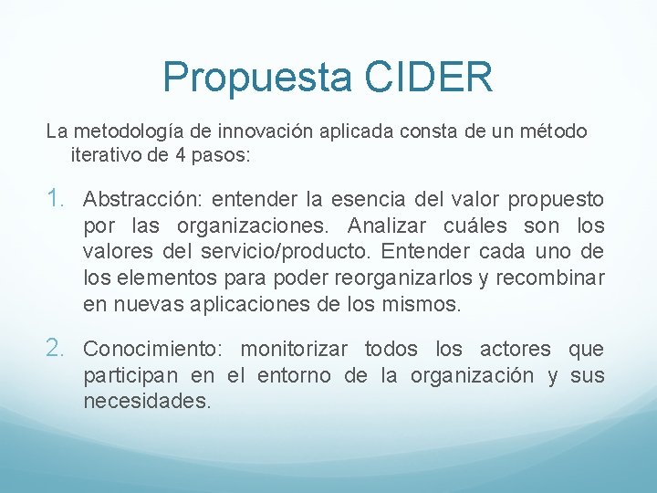 Propuesta CIDER La metodología de innovación aplicada consta de un método iterativo de 4 Propuesta CIDER La metodología de innovación aplicada consta de un método iterativo de 4