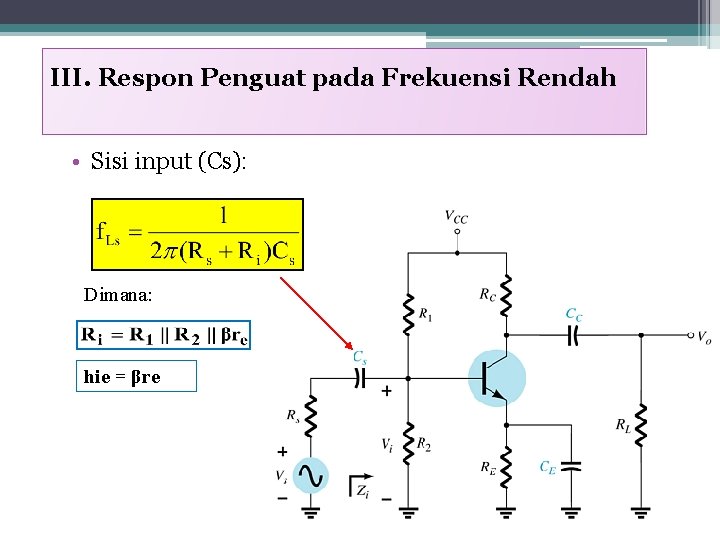 III. Respon Penguat pada Frekuensi Rendah • Sisi input (Cs): Dimana: hie = βre