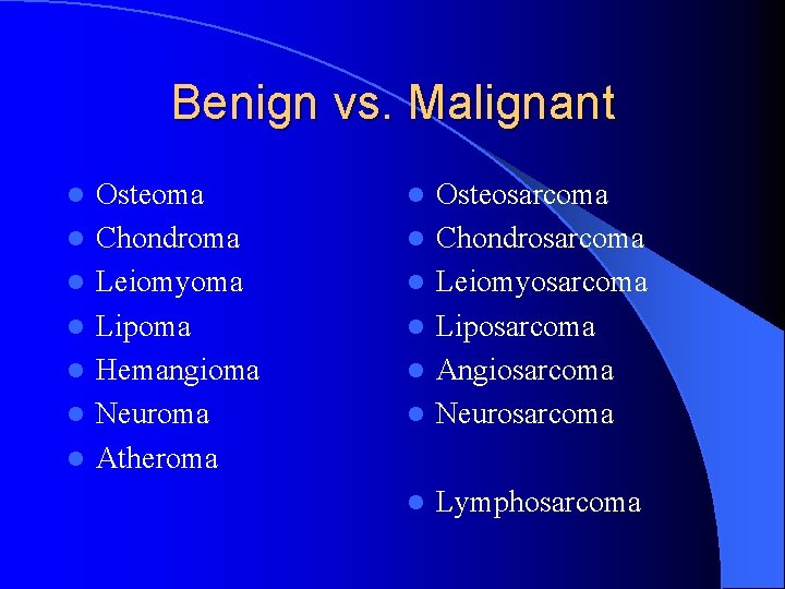 Benign vs. Malignant l l l l Osteoma Chondroma Leiomyoma Lipoma Hemangioma Neuroma Atheroma