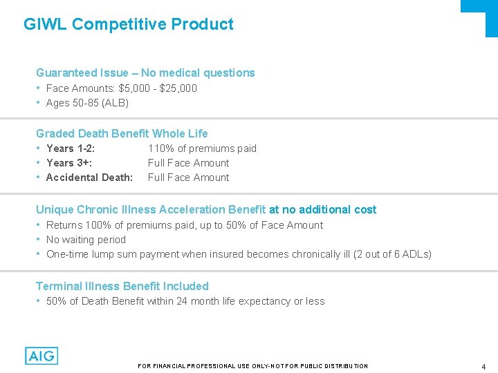 GIWL Competitive Product Guaranteed Issue – No medical questions • Face Amounts: $5, 000