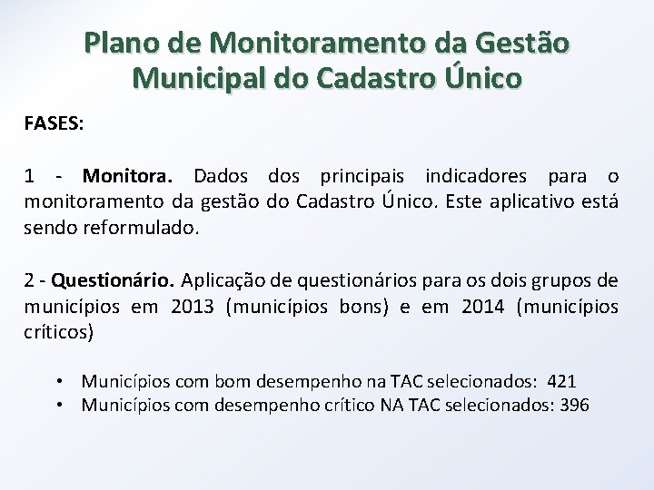 Plano de Monitoramento da Gestão Municipal do Cadastro Único FASES: 1 - Monitora. Dados