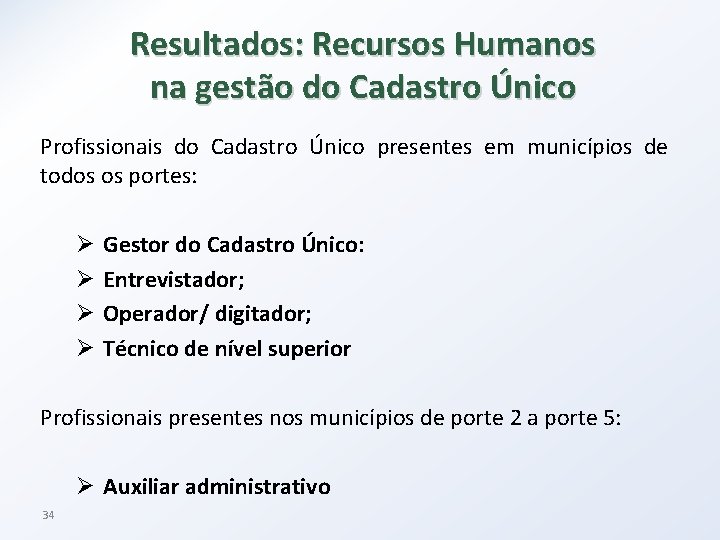 Resultados: Recursos Humanos na gestão do Cadastro Único Profissionais do Cadastro Único presentes em