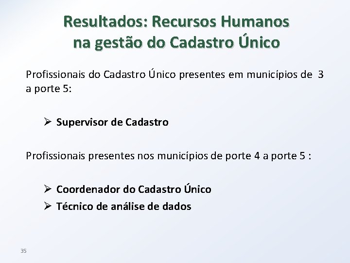 Resultados: Recursos Humanos na gestão do Cadastro Único Profissionais do Cadastro Único presentes em