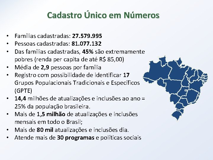 Cadastro Único em Números • Famílias cadastradas: 27. 579. 995 • Pessoas cadastradas: 81.