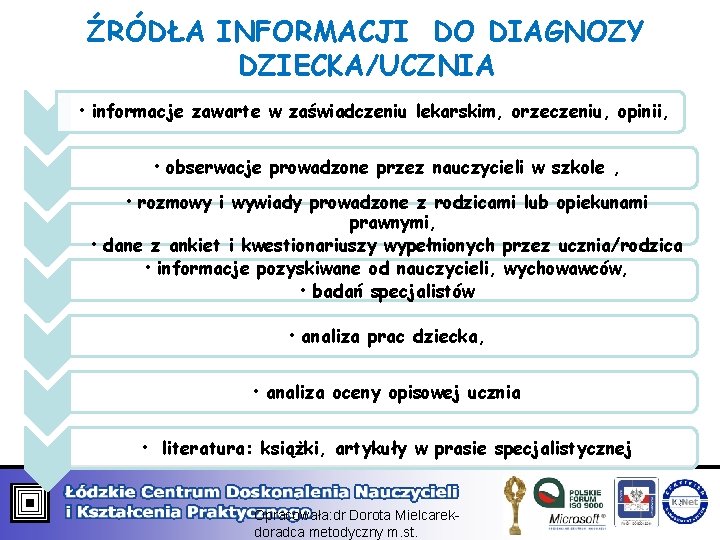 ŹRÓDŁA INFORMACJI DO DIAGNOZY DZIECKA/UCZNIA • informacje zawarte w zaświadczeniu lekarskim, orzeczeniu, opinii, •