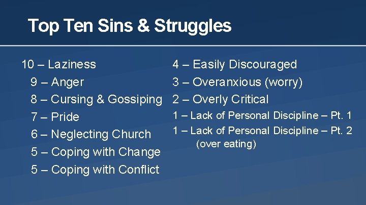 Top Ten Sins & Struggles 10 – Laziness 9 – Anger 8 – Cursing