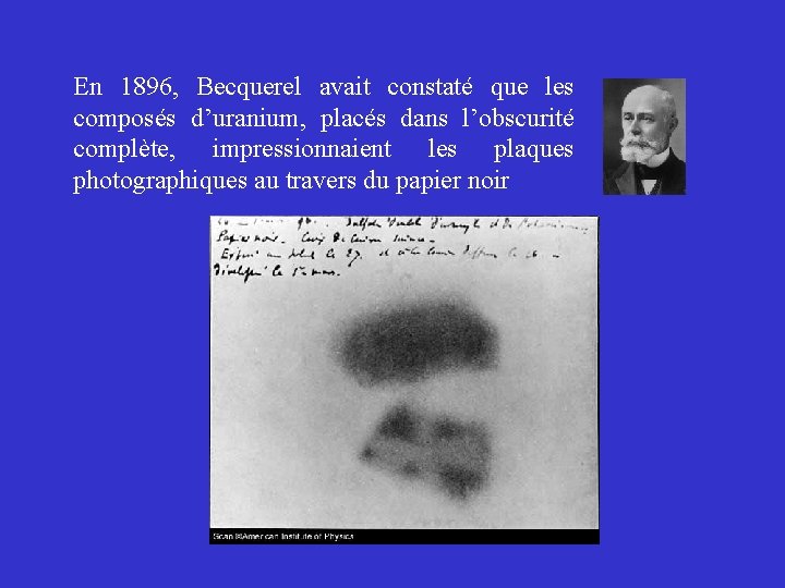 En 1896, Becquerel avait constaté que les composés d’uranium, placés dans l’obscurité complète, impressionnaient