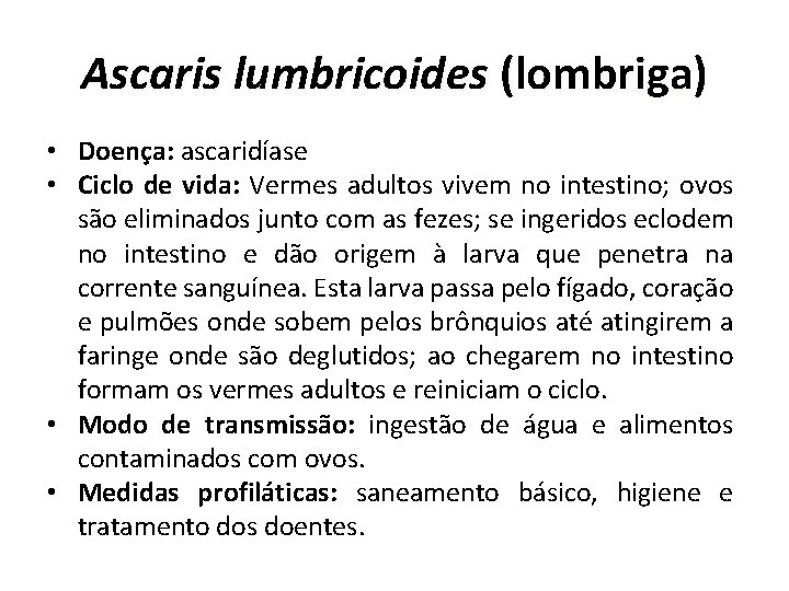Ascaris lumbricoides (lombriga) • Doença: ascaridíase • Ciclo de vida: Vermes adultos vivem no