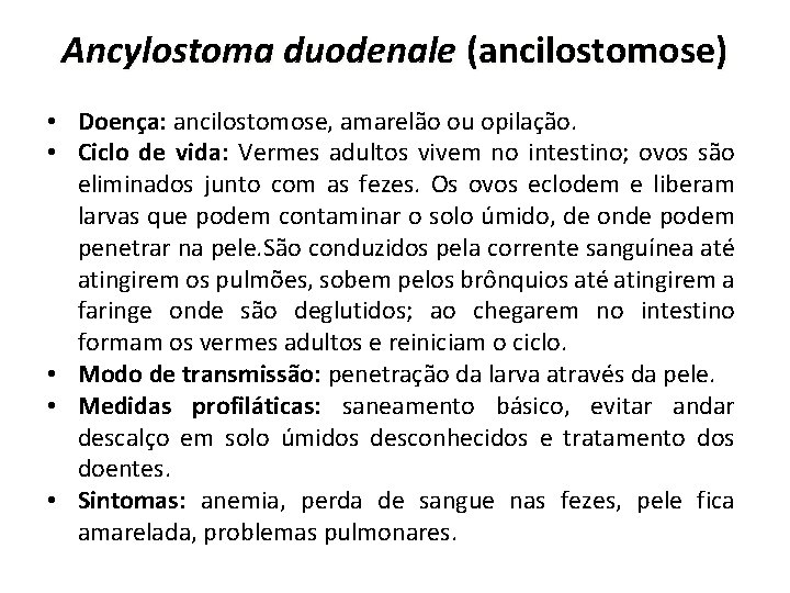 Ancylostoma duodenale (ancilostomose) • Doença: ancilostomose, amarelão ou opilação. • Ciclo de vida: Vermes