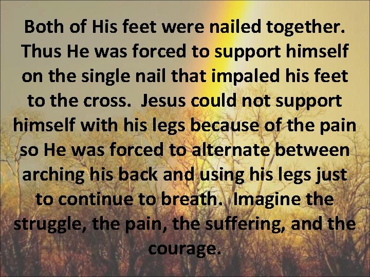 Both of His feet were nailed together. Thus He was forced to support himself