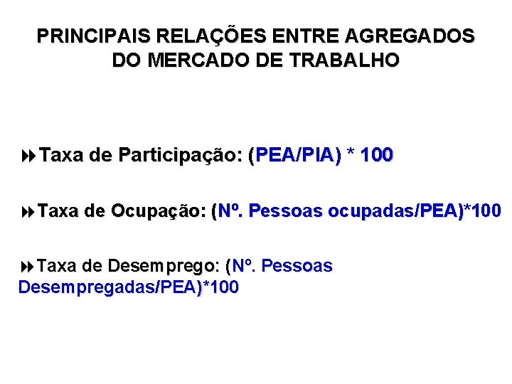 PRINCIPAIS RELAÇÕES ENTRE AGREGADOS DO MERCADO DE TRABALHO 8 Taxa de Participação: (PEA/PIA) *