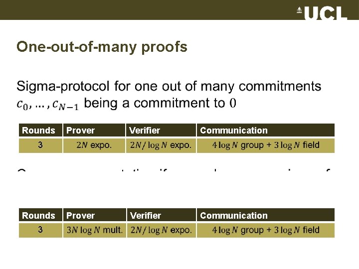 One-out-of-many proofs • Rounds Prover Verifier Communication 3 Rounds 3 