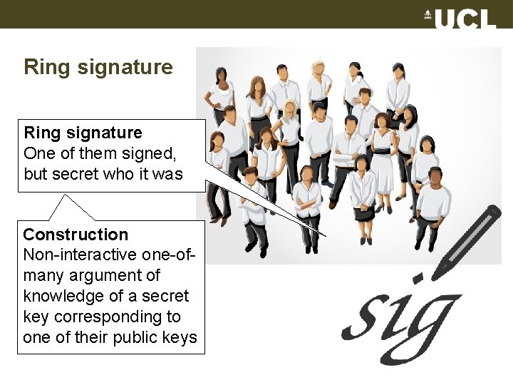 Ring signature One of them signed, but secret who it was Construction Non-interactive one-ofmany