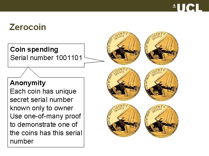 Zerocoin Coin spending Serial number 1001101 Anonymity Each coin has unique secret serial number