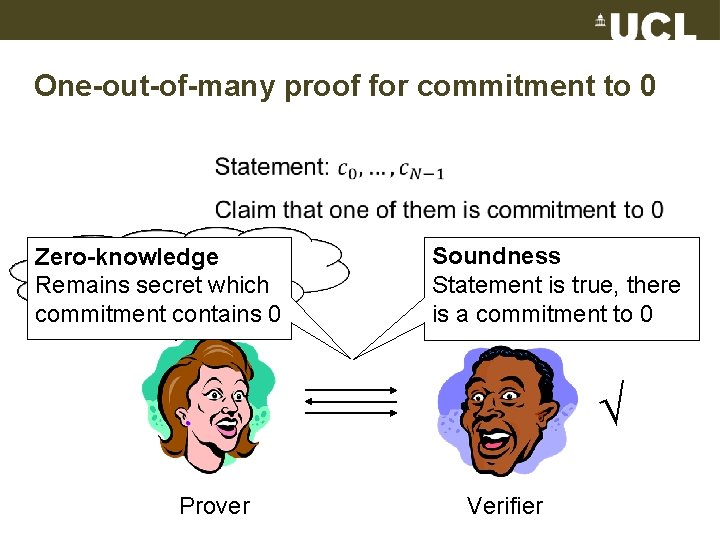 One-out-of-many proof for commitment to 0 Zero-knowledge Remains secret which commitment contains 0 Soundness