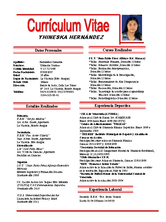 YHINESKA HERNÁNDEZ Cursos Realizados Datos Personales Apellidos: Hernández Carmona Nombres: Yhineska Yeniree Cédula Identidad: