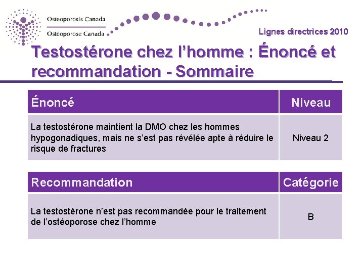 Lignes directrices 2010 Guidelines Testostérone chez l’homme : Énoncé et recommandation - Sommaire Énoncé