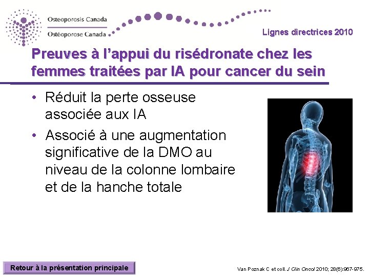 Lignes directrices 2010 Guidelines Preuves à l’appui du risédronate chez les femmes traitées par