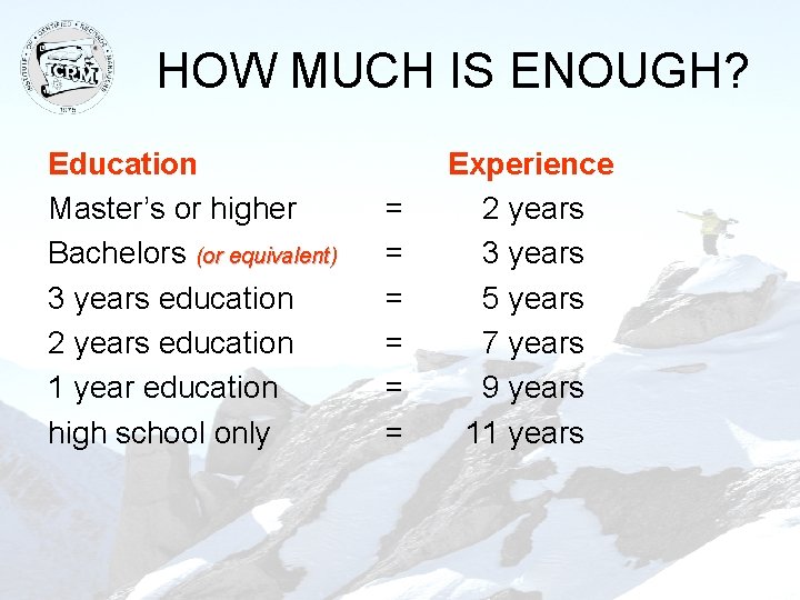 HOW MUCH IS ENOUGH? Education Master’s or higher Bachelors (or equivalent) 3 years education