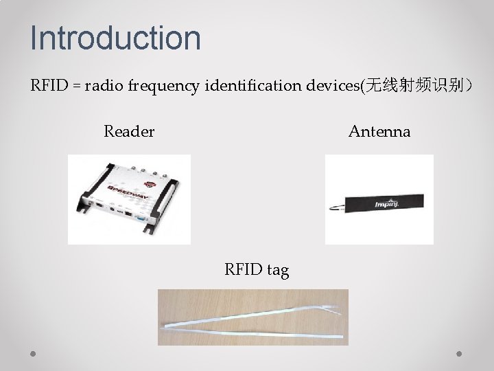 Introduction RFID = radio frequency identification devices(无线射频识别） Reader Antenna RFID tag 