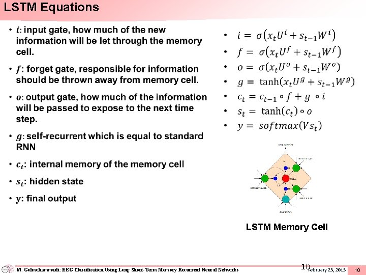 LSTM Equations • LSTM Memory Cell M. Golmohammadi: EEG Classification Using Long Short-Term Memory
