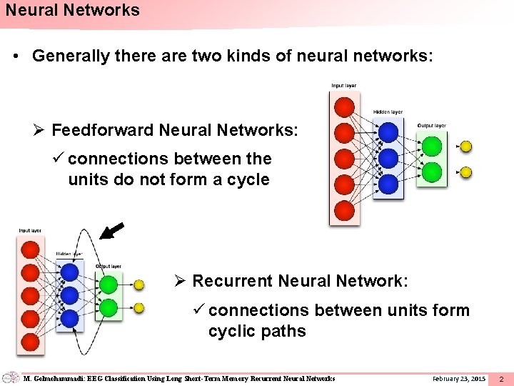 Neural Networks • Generally there are two kinds of neural networks: Ø Feedforward Neural