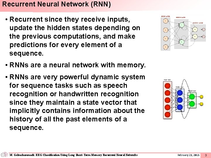 Recurrent Neural Network (RNN) • Recurrent since they receive inputs, update the hidden states