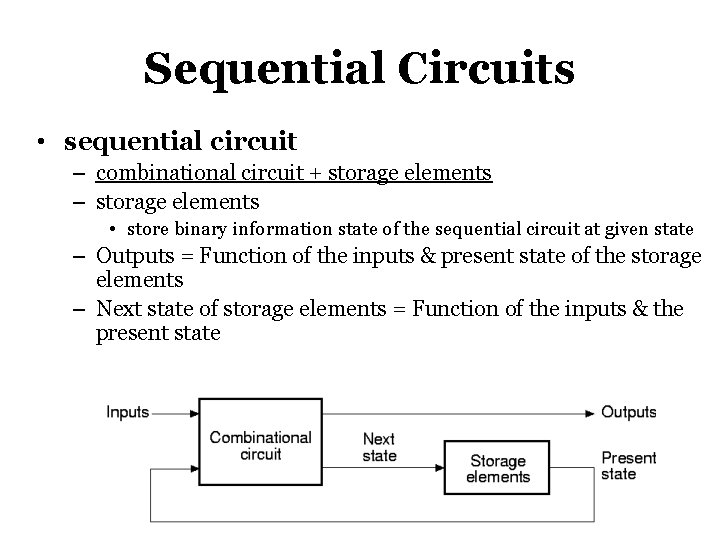 Sequential Circuits • sequential circuit – combinational circuit + storage elements – storage elements