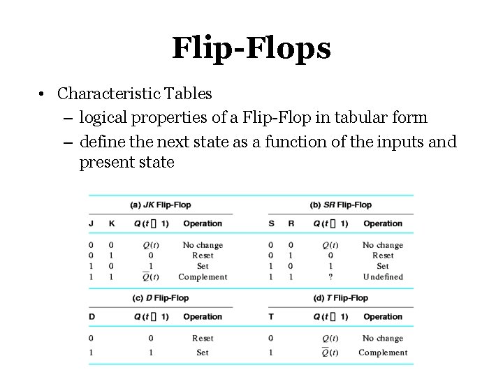 Flip-Flops • Characteristic Tables – logical properties of a Flip-Flop in tabular form –