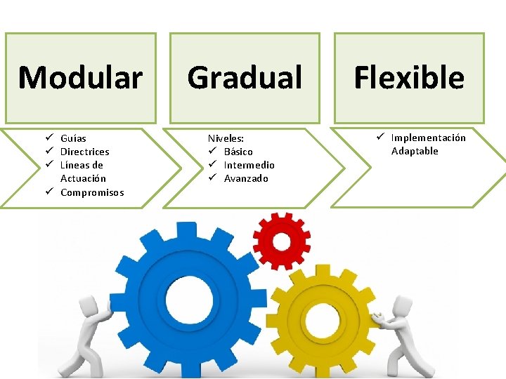 Modular ü Guías ü Directrices ü Líneas de Actuación ü Compromisos Gradual Niveles: ü
