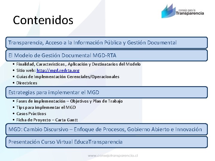 Contenidos Transparencia, Acceso a la Información Pública y Gestión Documental El Modelo de Gestión