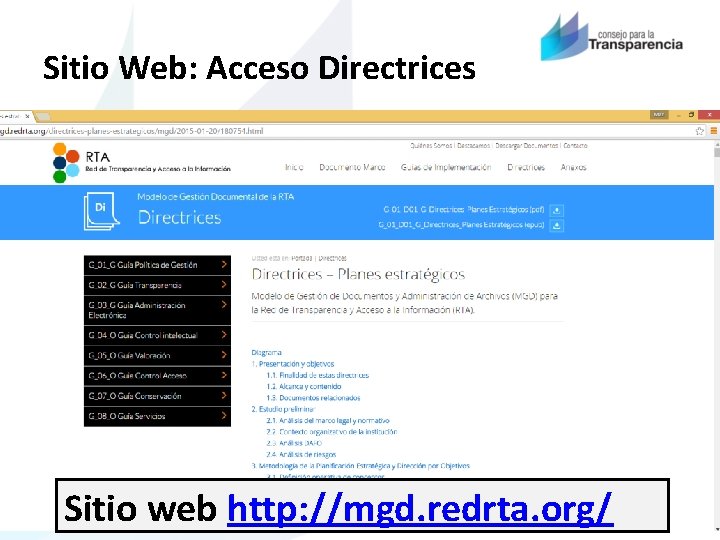 Sitio Web: Acceso Directrices Sitio web http: //mgd. redrta. org/ 