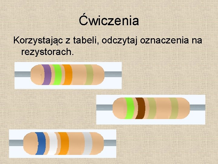 Ćwiczenia Korzystając z tabeli, odczytaj oznaczenia na rezystorach. 