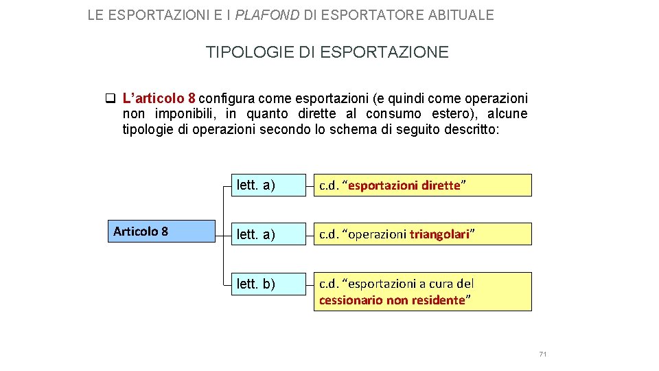 LE ESPORTAZIONI E I PLAFOND DI ESPORTATORE ABITUALE TIPOLOGIE DI ESPORTAZIONE q L’articolo 8