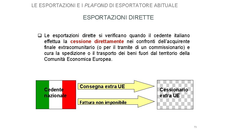 LE ESPORTAZIONI E I PLAFOND DI ESPORTATORE ABITUALE ESPORTAZIONI DIRETTE q Le esportazioni dirette