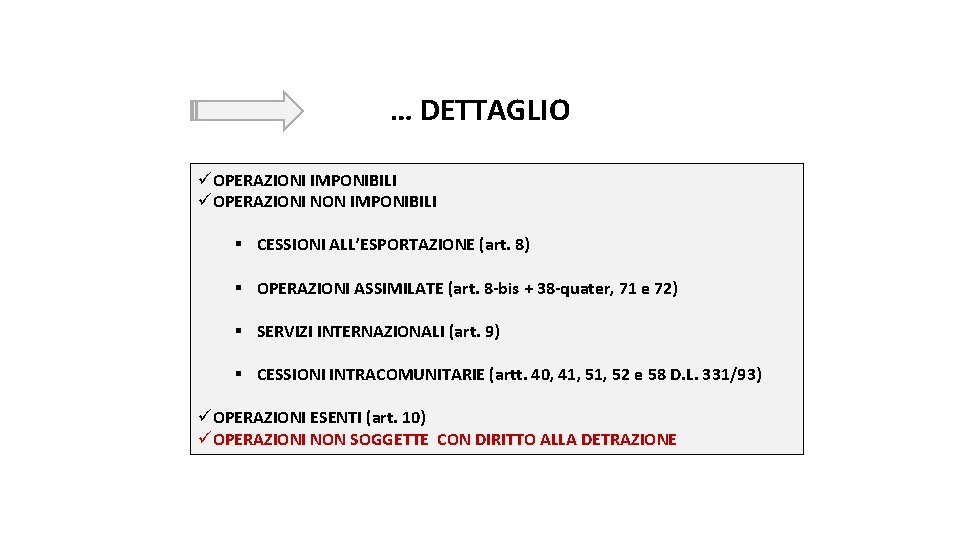 … DETTAGLIO üOPERAZIONI IMPONIBILI üOPERAZIONI NON IMPONIBILI § CESSIONI ALL’ESPORTAZIONE (art. 8) § OPERAZIONI