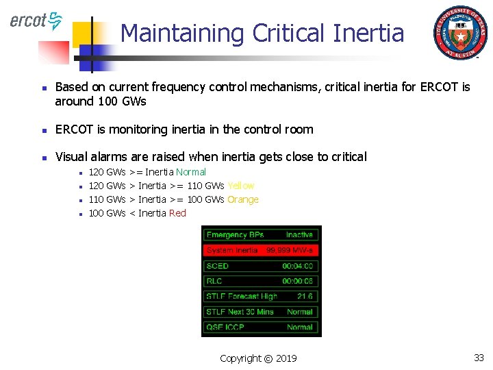Maintaining Critical Inertia n Based on current frequency control mechanisms, critical inertia for ERCOT