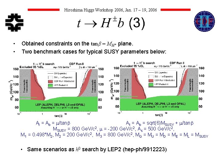 Hiroshima Higgs Workshop 2006, Jan. 17 – 19, 2006 • • Obtained constraints on