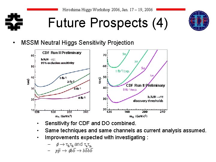 Hiroshima Higgs Workshop 2006, Jan. 17 – 19, 2006 Future Prospects (4) • MSSM Hiroshima Higgs Workshop 2006, Jan. 17 – 19, 2006 Future Prospects (4) • MSSM