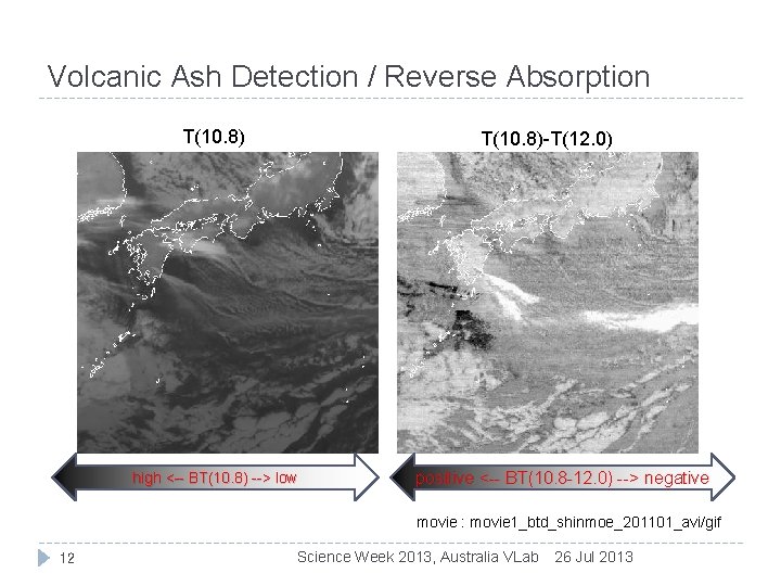 Volcanic Ash Detection / Reverse Absorption T(10. 8)-T(12. 0) high <-- BT(10. 8) -->