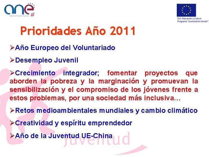 Prioridades Año 2011 Año Europeo del Voluntariado Desempleo Juvenil Crecimiento integrador; fomentar proyectos que