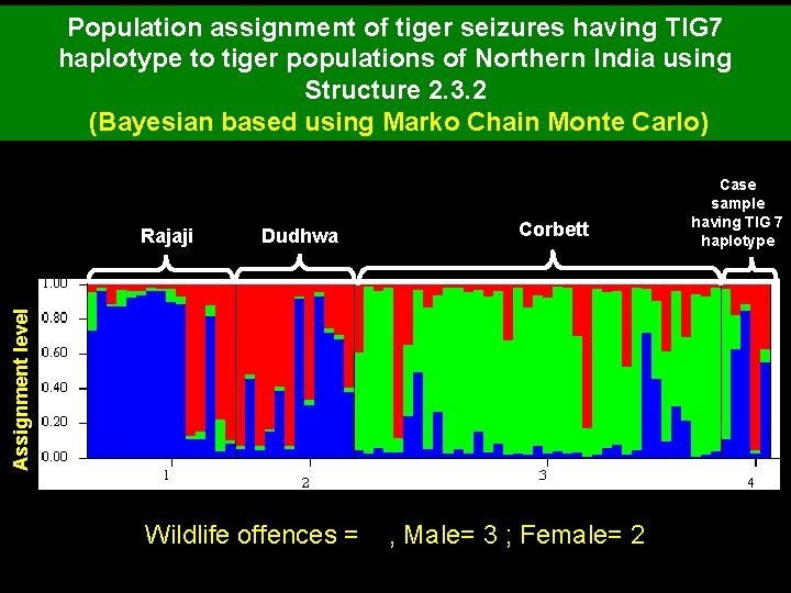 Population assignment of tiger seizures having TIG 7 haplotype to tiger populations of Northern